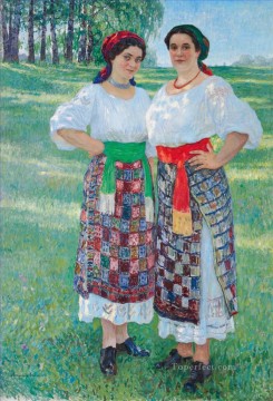ニコライ・ペトロヴィッチ・ボグダノフ・ベルスキー Painting - ラトガリアのドレスを着た二人の女性 ニコライ・ボグダノフ・ベルスキー